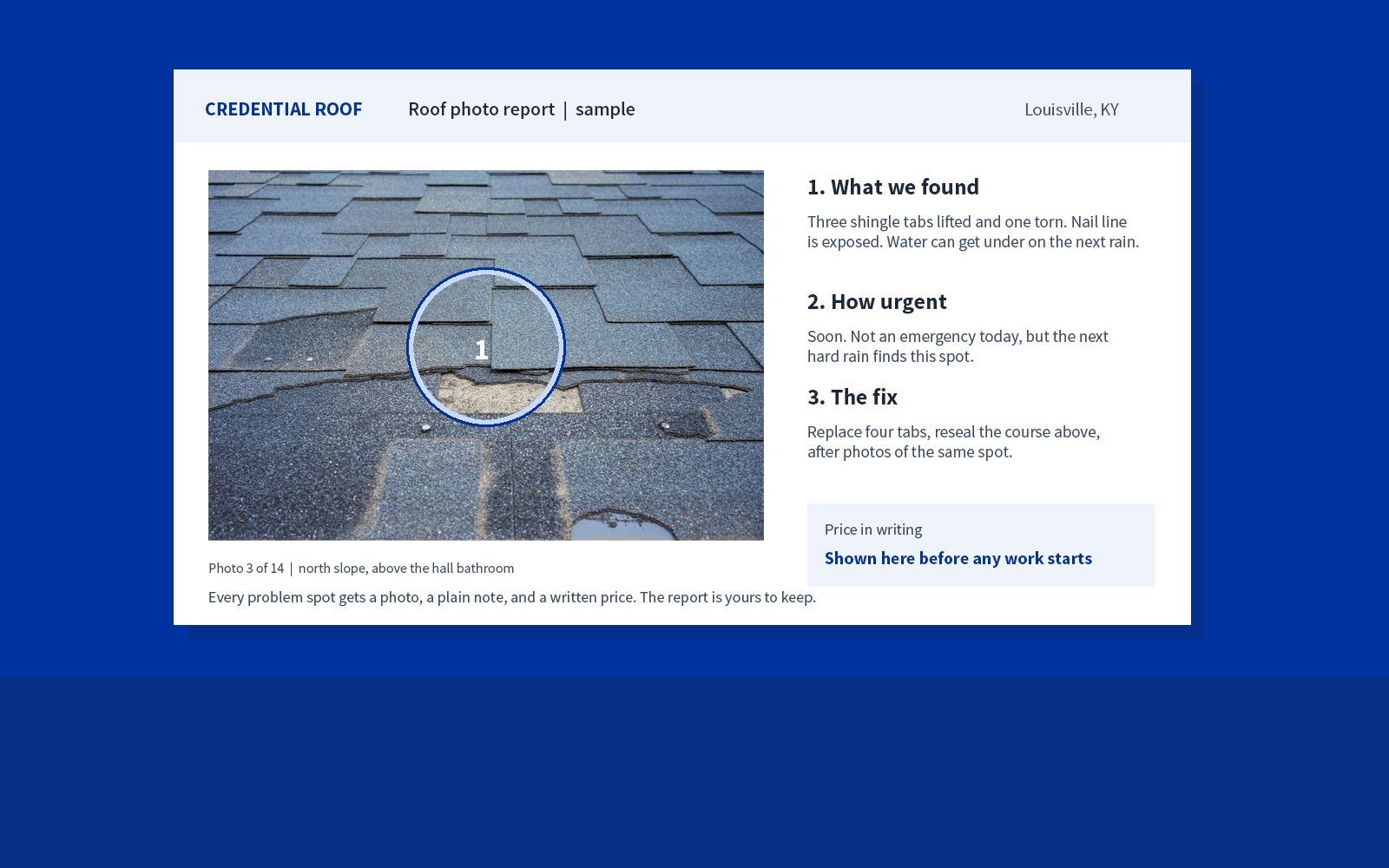 A sample Credential Roof photo report page: a numbered photo of lifted shingles, three plain notes, and a price line